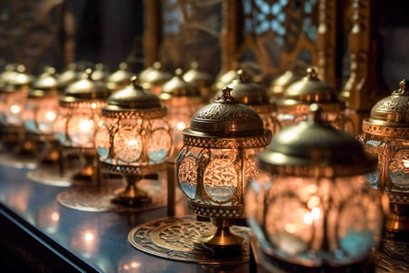 Metal filigree lanterns in a middle east bazaar. Oriental artwork and craft. Created with Generative AI technology.の素材