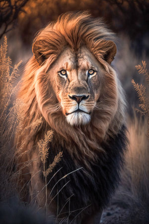 Magnificent lion in wilderness. Created with Generative AI technology.の素材