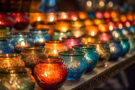 Multi colored candles burning in the evening. Oriental feel. Created with Generative AI technology.の素材