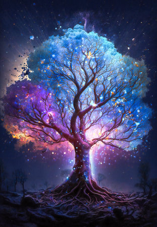 Fantasy purple glowing tree of life in the night, dream atmosphere. Created with Generative AI technology.の素材