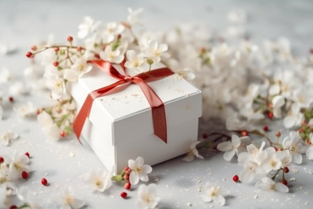 Delicate white flowers and a small gift box with a red ribbon. Simplicity and cuteness concept. Created with Generative AI technology.の素材
