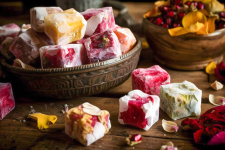 Turkish delights. Various pieces of traditional Turkish sweets on a wooden table. Created with Generative AI technology.の素材