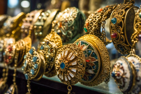 Oriental jewelry in a middle east bazaar. Created with Generative AI technology.の素材