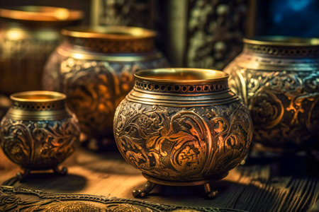 Oriental or ottoman metalwork and craft, filigree pots or lanterns close up in a middle east bazaar. Created with Generative AI technology.の素材