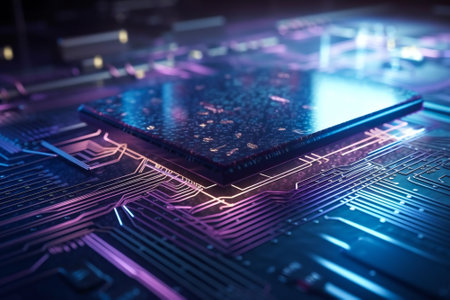 A motherboard with a CPU on it. Generic information technology concept illustration. Created with Generative AI technology.の素材