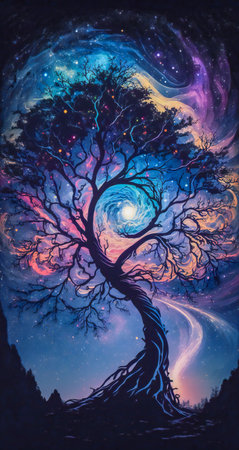 Fantasy purple glowing tree of life in the night, dream atmosphere. Created with Generative AI technology.の素材