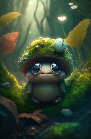 Tiny fantasy green creature in the woods.  Created with Generative AI technology.の素材