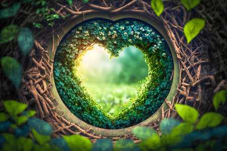 Heart shape leaves decopuage in a garden. Seasonal concept of joy, love and spring. Created with Generative AI technology.の素材