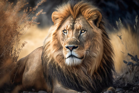 Magnificent lion in wilderness. Created with Generative AI technology.の素材