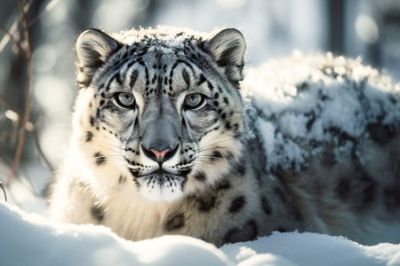 Snow leopard in winter. Created with Generative AI technology.の素材