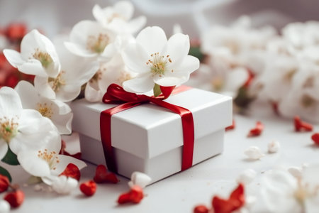Delicate white flowers and a small gift box with a red ribbon. Simplicity and cuteness concept. Created with Generative AI technology.の素材