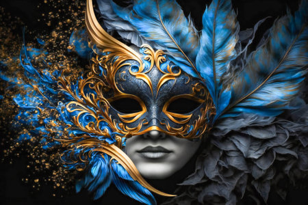 Luxury blue carnival mask with feathers and gold elements. Created with Generative AI technology.の素材