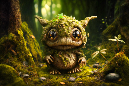 Tiny fantasy green creature in the woods.  Created with Generative AI technology.の素材