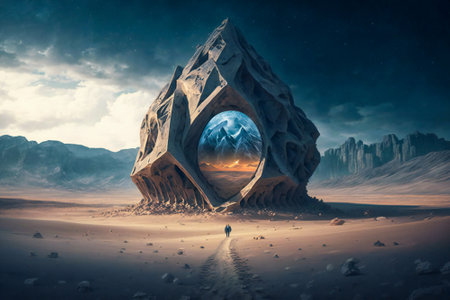 Strange, bizarre ancient alien structure on an alien planet. Created with Generative AI technology.の素材