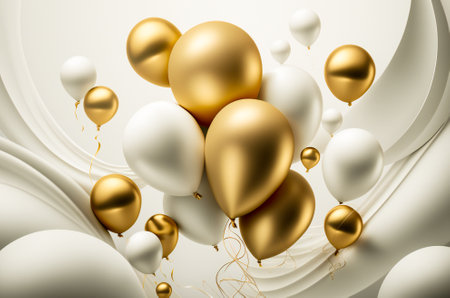 Golden and white air baloons. Celebration background illustration. Created with Generative AI technology.の素材