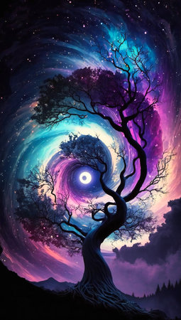 Fantasy purple glowing tree of life in the night, dream atmosphere. Created with Generative AI technology.の素材