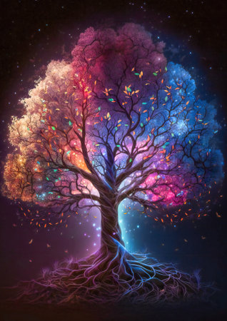 Fantasy purple glowing tree of life in the night, dream atmosphere. Created with Generative AI technology.の素材