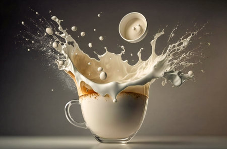 Surreal disintegration of a cup with milk and liquid chocolate or coffee splashing out. Created with Generative AI technology.の素材