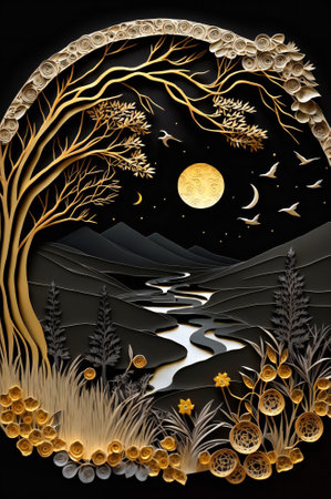 Quilling  style papercut detailed landscape. Fictional illustration. Created with Generative AI technology.の素材