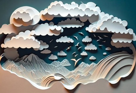 White papercut landcsape. Fictional illustration. Created with Generative AI technology.の素材