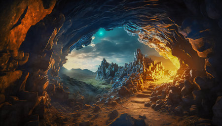 Exit from a cave. Created with Generative AI technology.の素材
