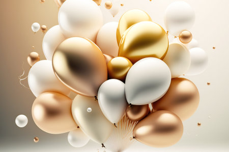 Golden and white air baloons. Celebration background illustration. Created with Generative AI technology.の素材