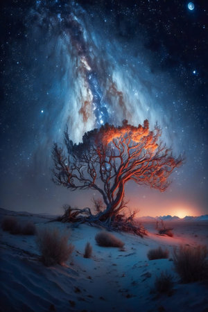 Night illustration of the Milky Way galaxy over an earth landscape. Fictional. Created with Generative AI technology.の素材