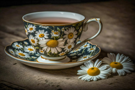 Close up of a tea cup and daisies on a wooden table. Created with Generative AI technology.の素材