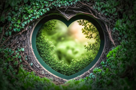 Heart shape leaves decopuage in a garden. Seasonal concept of joy, love and spring. Created with Generative AI technology.の素材