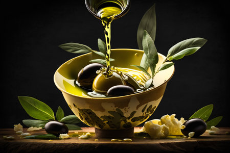 Olive oil being poured over green olives in a traditional vase. Created with Generative AI technology.の素材