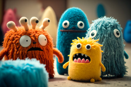 Illustration of a group of cute little felt monsters. Created with Generative AI technology.の素材