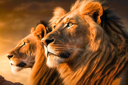 Two lions in wilderness. Created with Generative AI technology.の素材