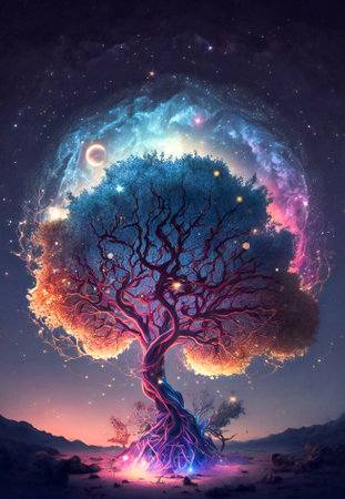 Fantasy purple glowing tree of life in the night, dream atmosphere. Created with Generative AI technology.の素材
