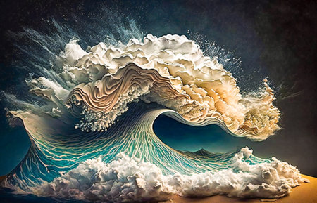 Abstract stylized ocean waves and clouds. Created with Generative AI technology.の素材