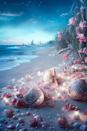 Dream landscape on a sandy beach with shells, flowers, pearls and little luminous glass spheres. Dream and meditation concept.  Created with Generative AI technology.の素材