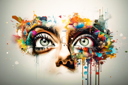 Creative fantasy colored face close up. Created with Generative AI technology.の素材
