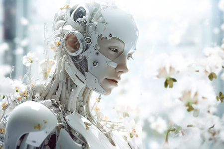 Illustration of a beautiful female white android head. Robotic and artificial intelligence concept. Bright composition. Created with Generative AI technology.の素材