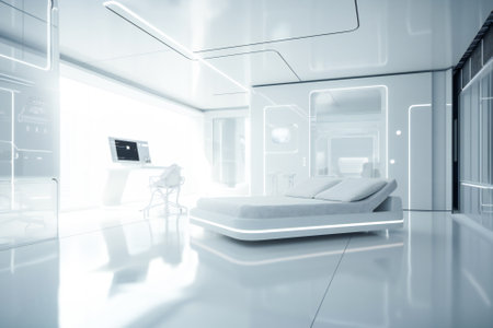 Clean white advanced futuristic interior, corridor or room. Created with Generative AI technology.の素材