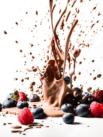 Berries and liquid chocolate splash against a white background. Created with Generative AI technology.の素材