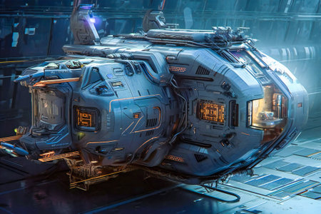 Science fiction futuristic air or space vehicle docked. Created with Generative AI technology.の素材