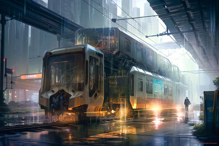 Futuristic urban public transportation vehicle. Created with Generative AI technology.の素材