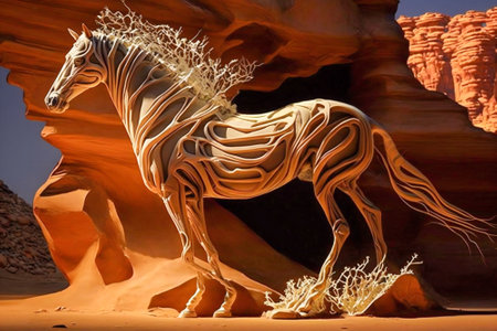 Abstract shape of a horse made of tree branches in the desert. Created with Generative AI technology.の素材