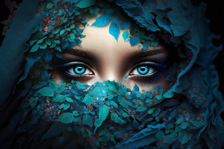 Beatiful arab or oriental girl with head covered, blue eyes and a mysterious look. Created with Generative AI technology.の素材