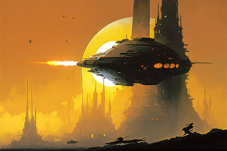 Fantasy space ship over a futuristic city on an alien planet. Created with Generative AI technology.の素材