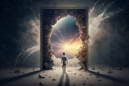 Surreal illustration of a person in front of a portal to another world, dimension or time. Created with Generative AI technology.の素材