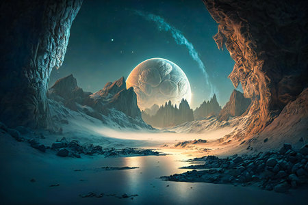 Strange, bizarre ancient alien structure on an alien planet. Created with Generative AI technology.の素材