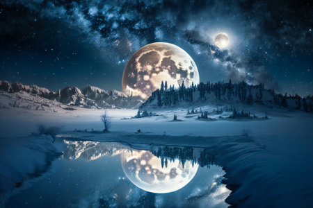 Big white moon rising over an ice and snow winter landscape. Created with Generative AI technology.の素材