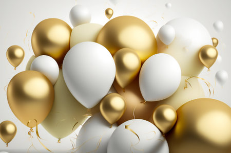 Golden and white air baloons. Celebration background illustration. Created with Generative AI technology.の素材