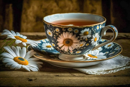 Close up of a tea cup and daisies on a wooden table. Created with Generative AI technology.の素材