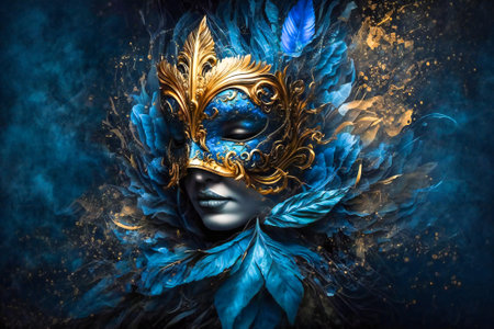 Luxury blue carnival mask with feathers and gold elements. Created with Generative AI technology.の素材